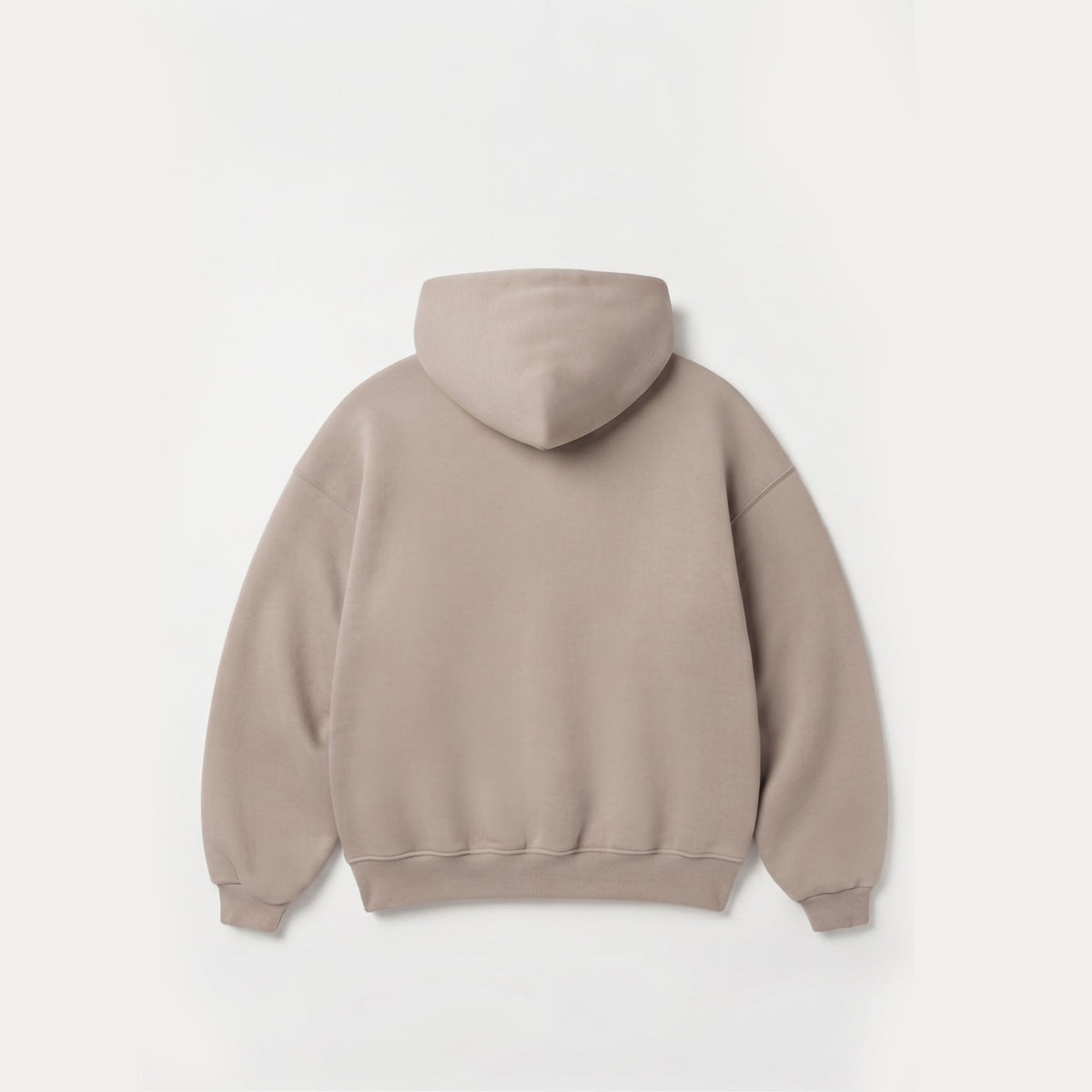 A light taupe-beige pullover hoodie shown from the back, laid flat against a clean, off-white background.