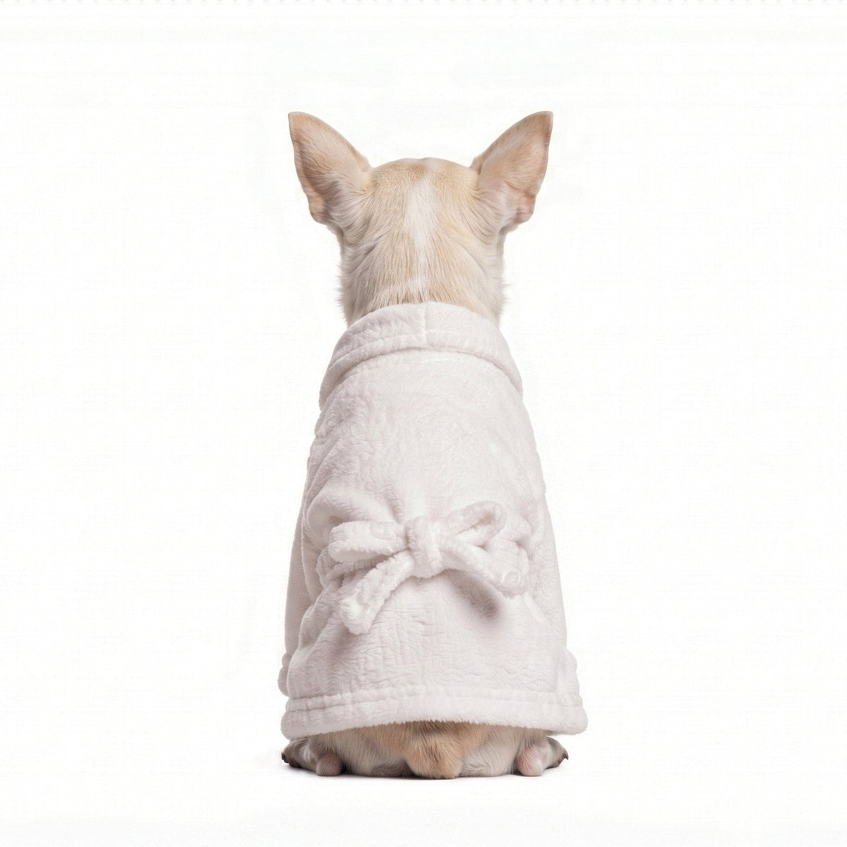 A small beige dog seen from behind, wearing a soft white plush bathrobe with a bow detail on the back, isolated on a white background.