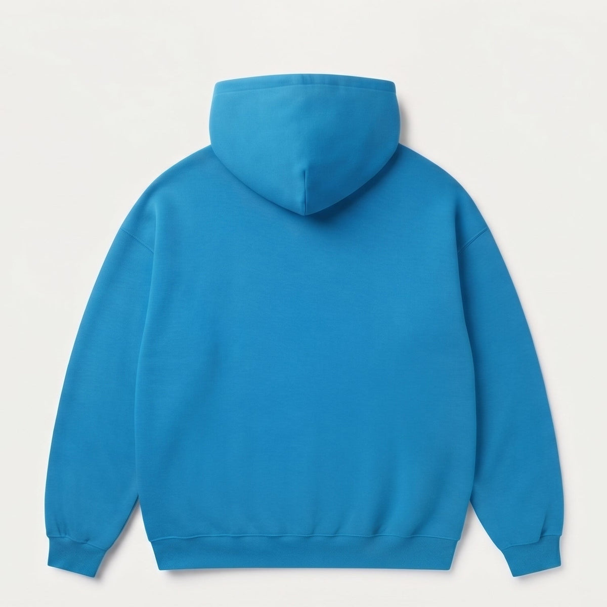 A bright blue hooded sweatshirt shown from the back, centered on a clean, light off-white background.