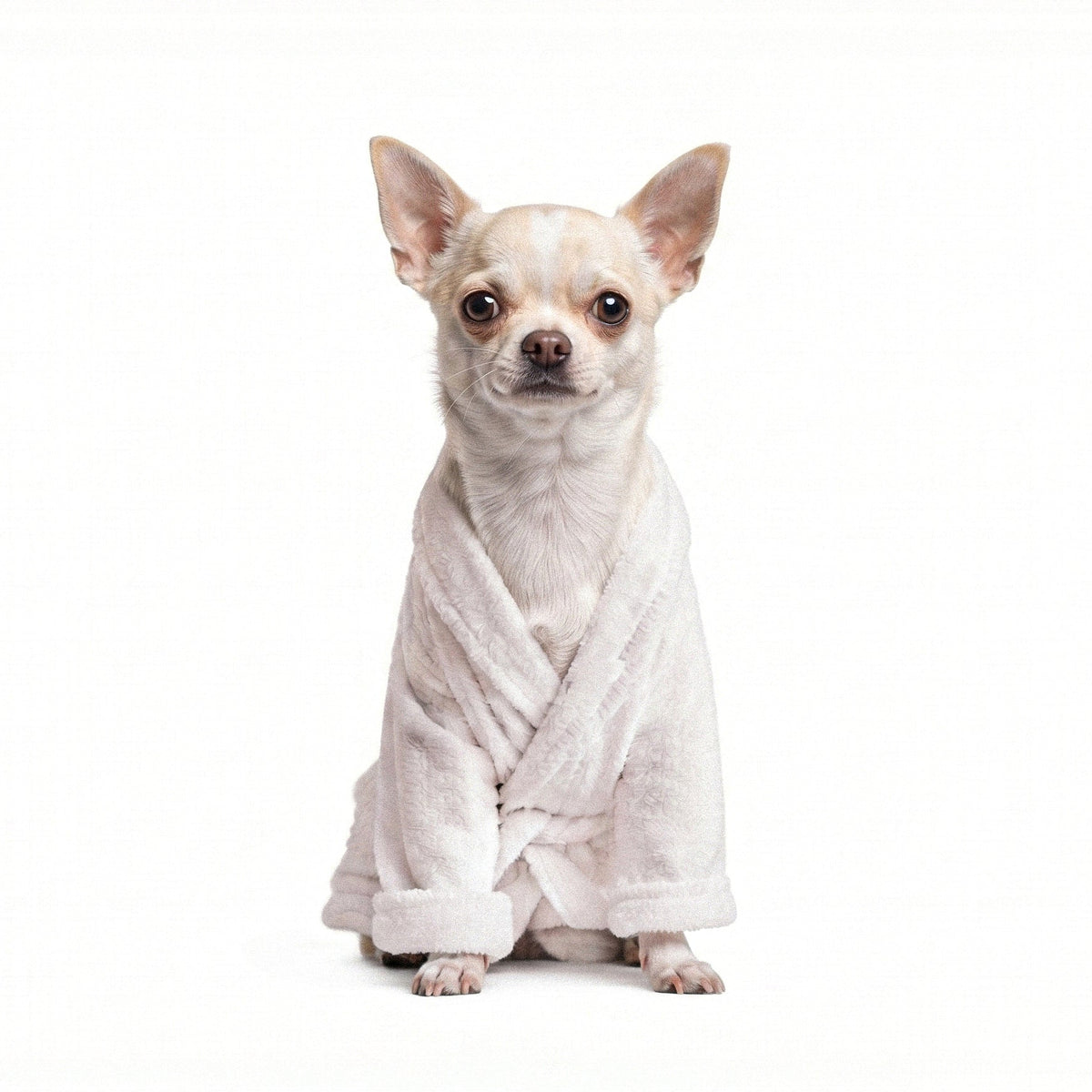 A small Chihuahua dog sitting upright against a solid white background, wrapped in a plush white bathrobe.