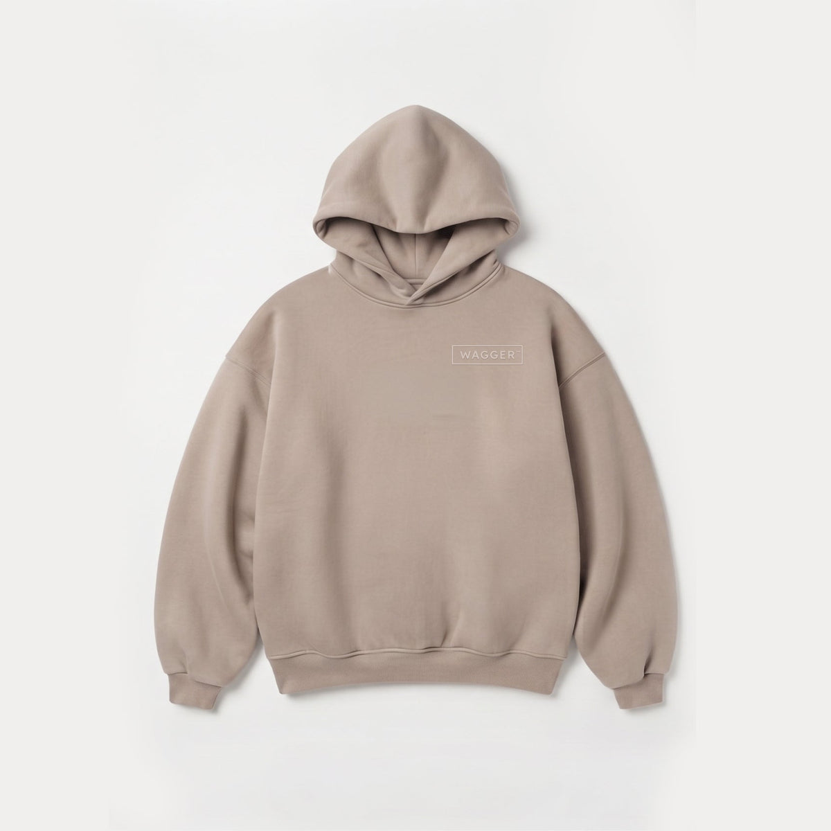 A light taupe-beige pullover hoodie with a small rectangular logo patch on the left chest, displayed flat against a clean white background.